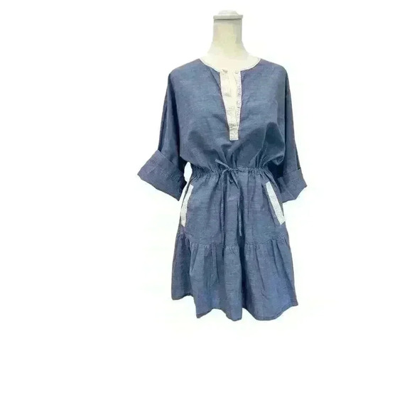 Joie Ecidra Cotton Chambray Tie Waist Tiered Pocket Pullover Mini Dress Blue S - Picture 1 of 7